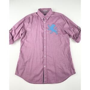 Express Embroidered Lion Shirt Men’s Large Button Up Pink Roll Tab Sleeve Fitted